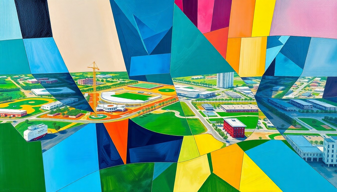 A fractured, multi-perspective painting in bold, vibrant colors depicting the construction and development of sports, entertainment, and retail projects in the Coconut Point corridor of Southwest Florida.