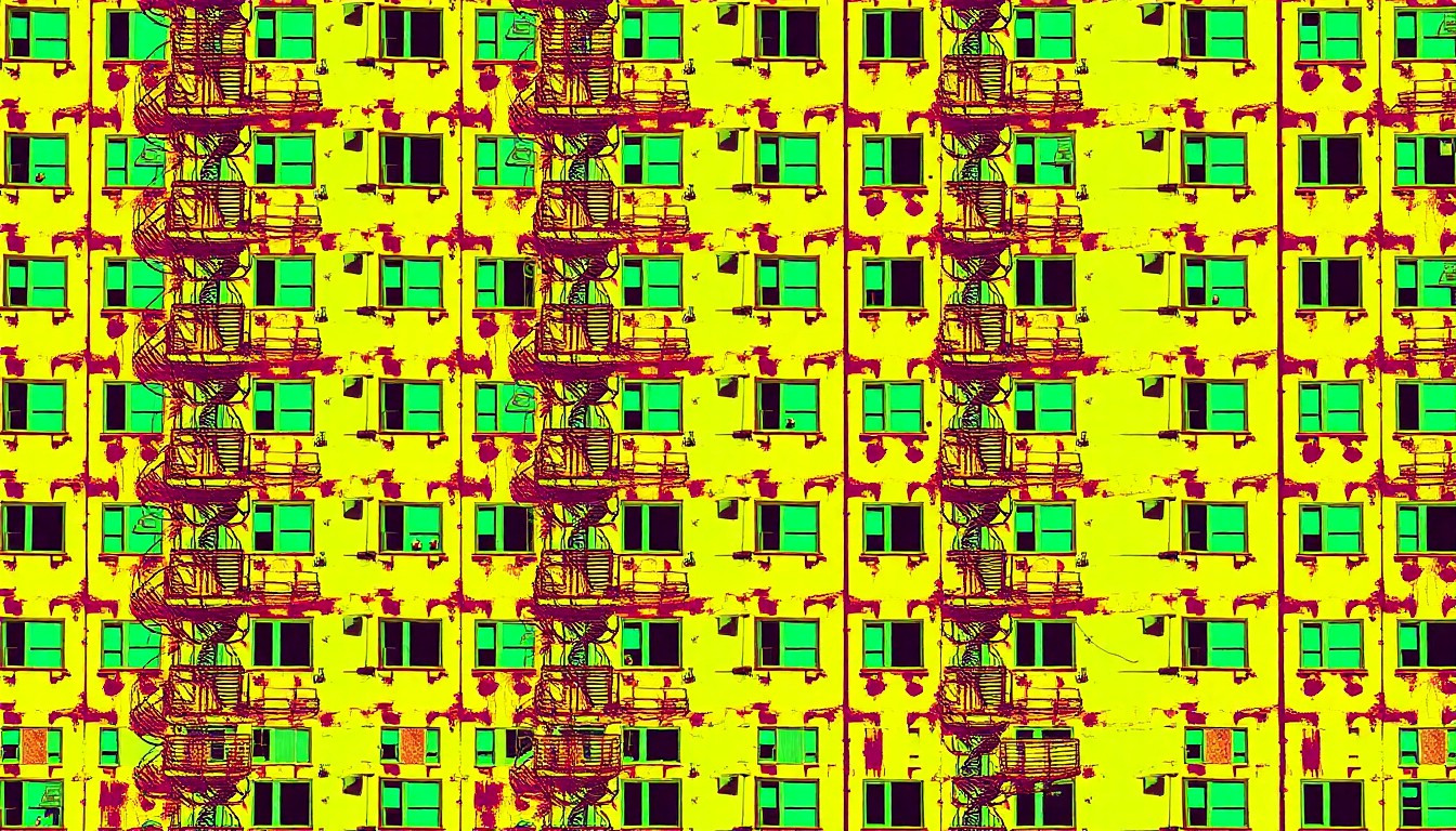 A highly stylized, abstract illustration composed of repeating neon-colored silhouettes of a rundown hotel building, conveying the concept of addressing urban blight through bold, pop art-inspired visuals.