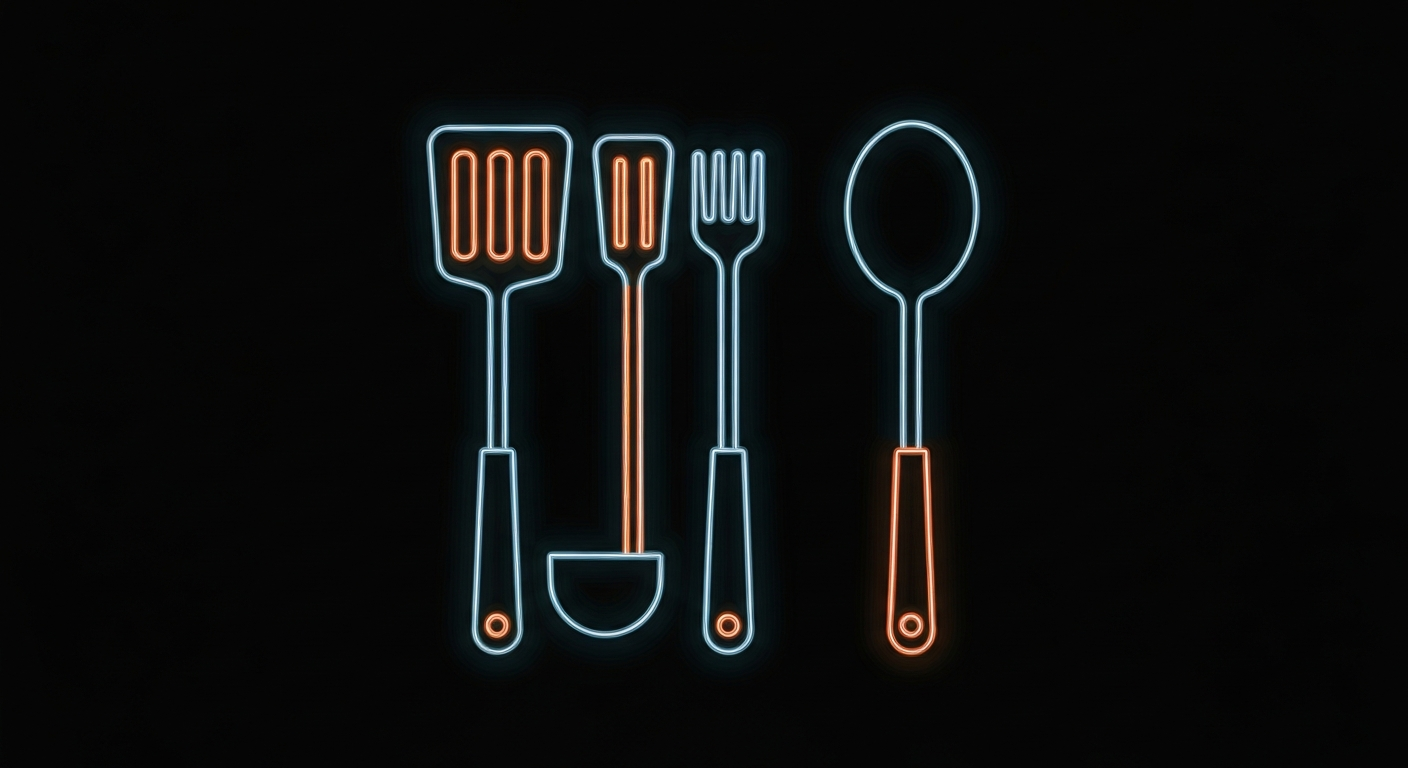 A vibrant neon outline of cooking utensils against a dark background, conceptually representing the unsanitary conditions found in a golf course restaurant's kitchen.