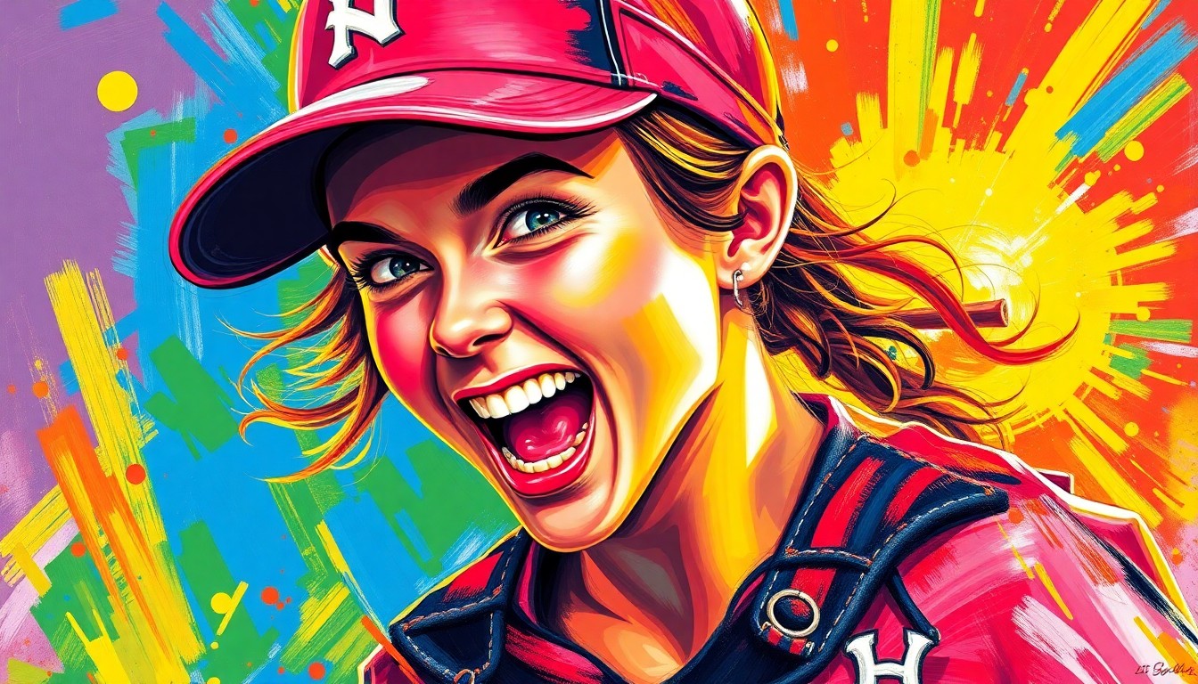 An abstract, expressionist painting in neon colors depicting the dynamic movements and energetic spirit of a high school softball player, conveying the infectious enthusiasm that drives the Saint James team.