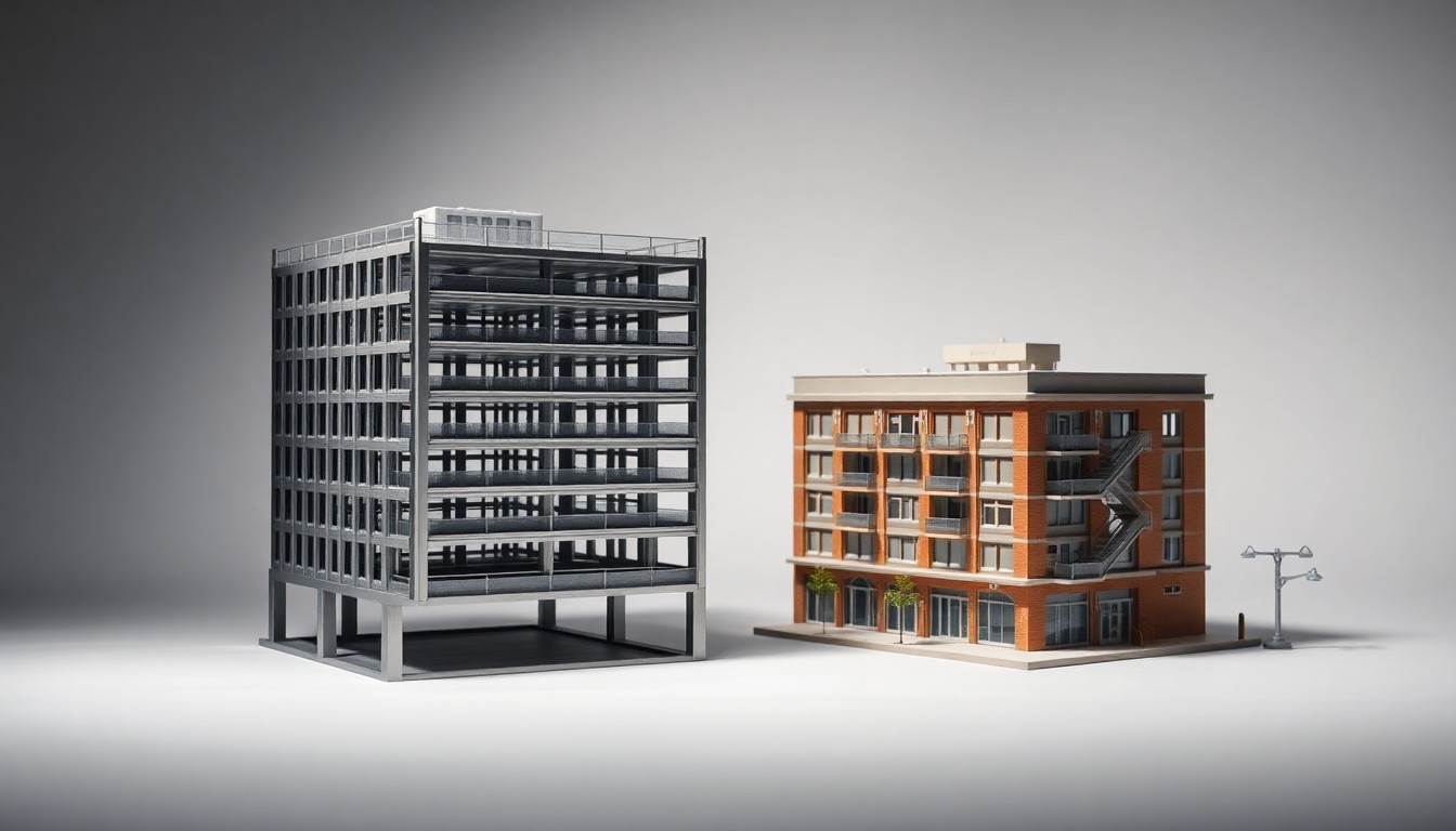A photorealistic studio still life featuring miniature models of a modern parking garage structure and a senior living building, arranged elegantly on a clean, monochromatic background to conceptually represent urban development and affordable housing.