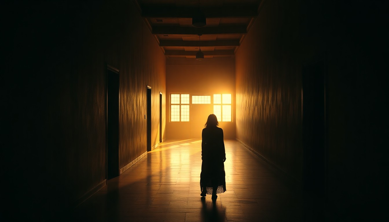 A cinematic painting in the style of Edward Hopper, depicting a solitary Indigenous woman standing alone in a dimly lit, abandoned government building hallway, bathed in warm, diagonal sunlight and deep shadows, conveying a sense of isolation and repression.