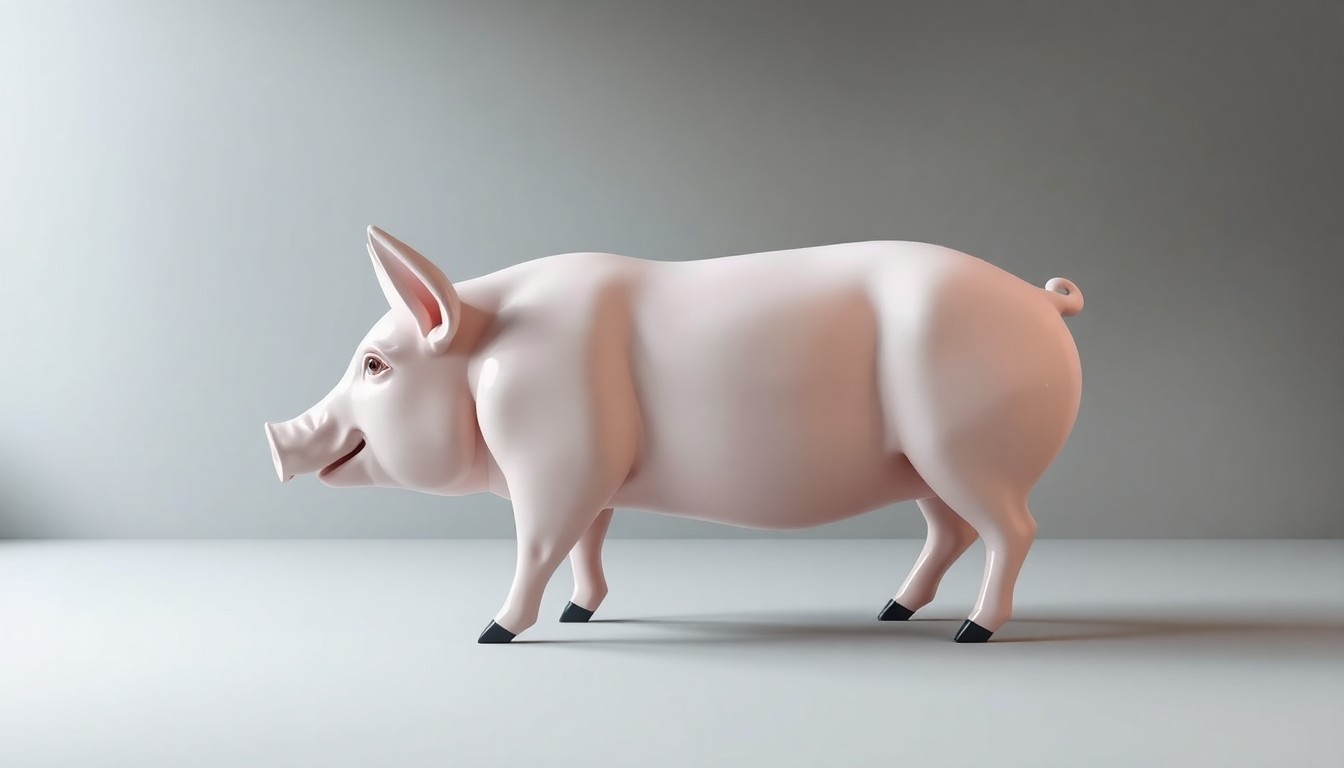 A minimalist studio photograph of an abstract, geometric pig sculpture in polished metal, set against a clean white background with dramatic lighting, symbolizing the pork industry's focus on modernization and international competitiveness.