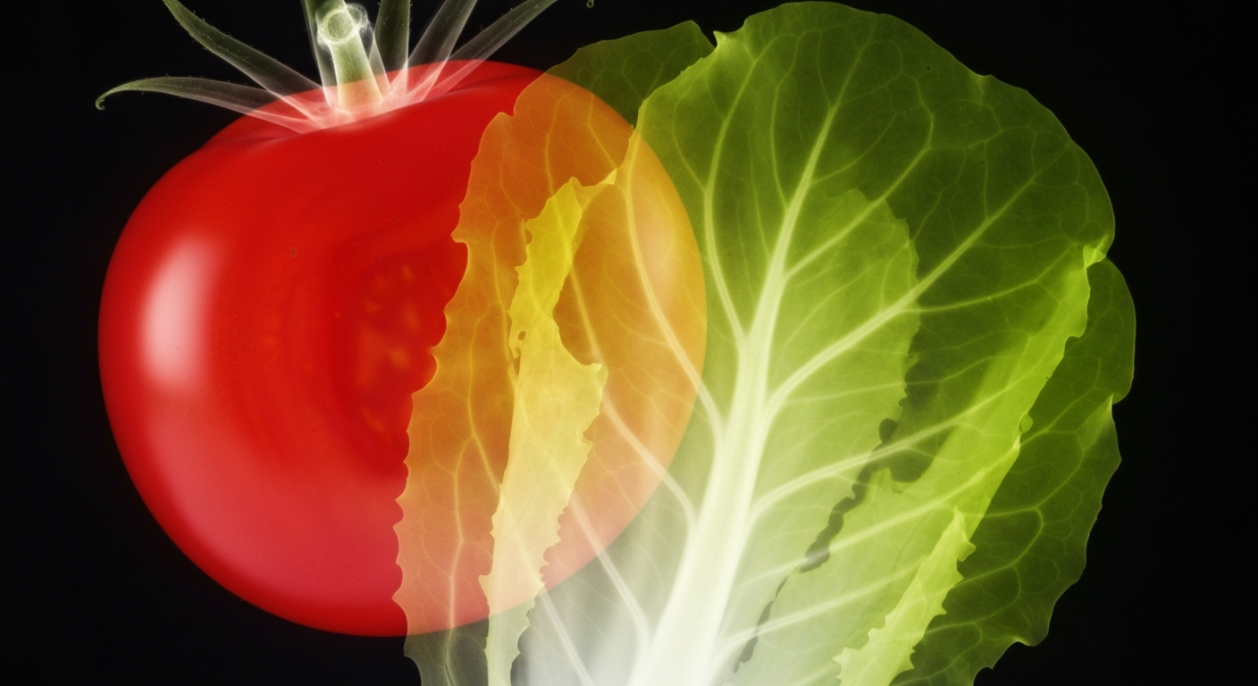 An extreme close-up X-ray photograph revealing the intricate internal structures of fresh produce, conceptually illustrating the nutritional value and life-sustaining properties of healthy food.