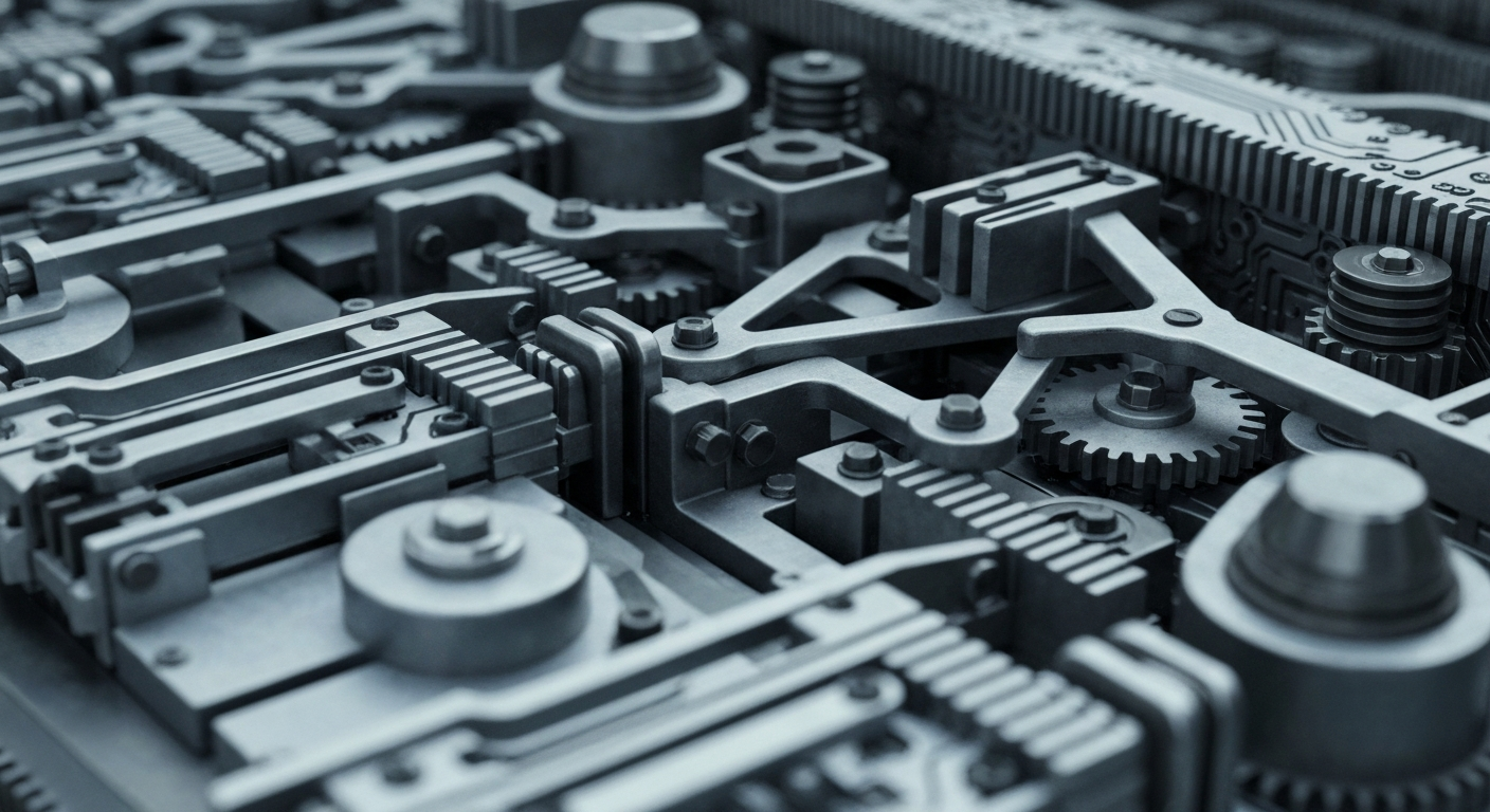 An extreme close-up of complex, industrial-looking banking machinery and mechanisms, conveying a sense of institutional power and the intricate inner workings of the financial industry.