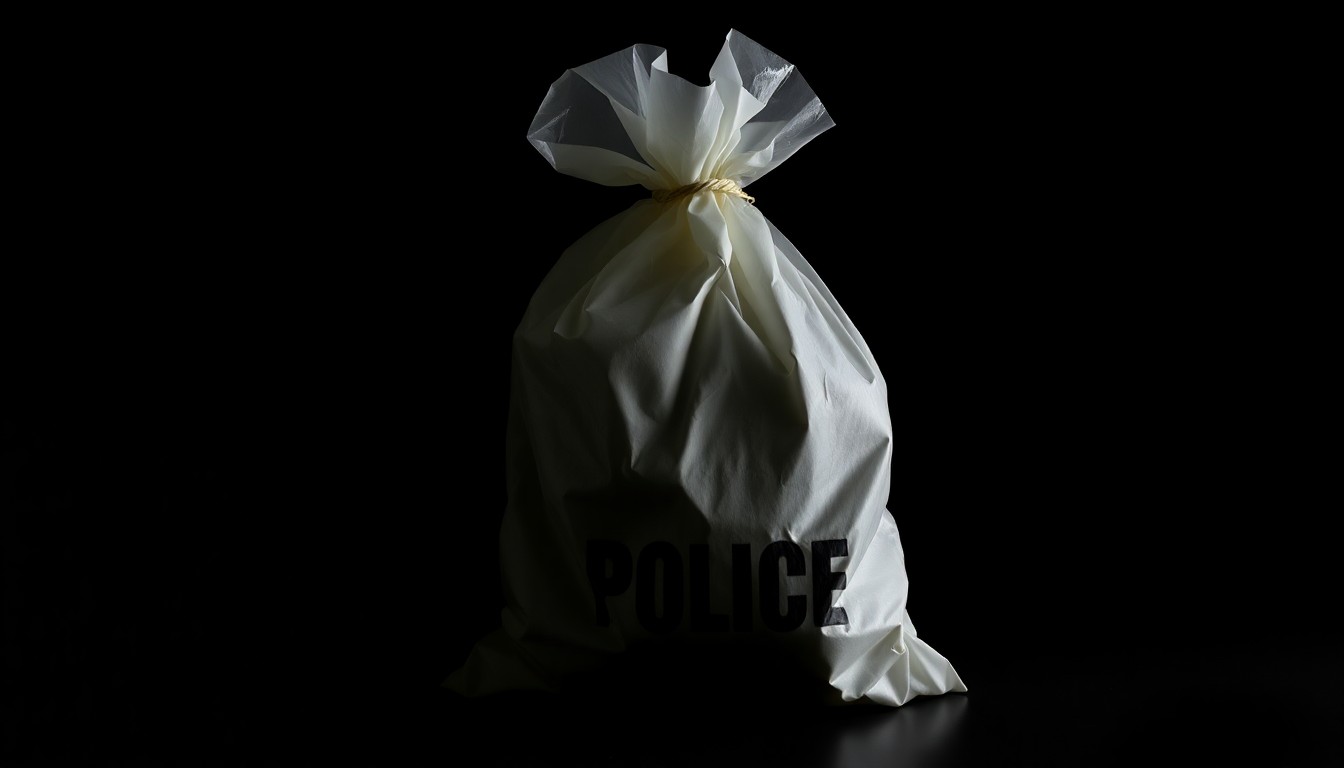 An extreme close-up of a crumpled police evidence bag, the harsh flash lighting creating a stark, investigative aesthetic that conceptually represents the serious nature of the criminal allegations in this case.