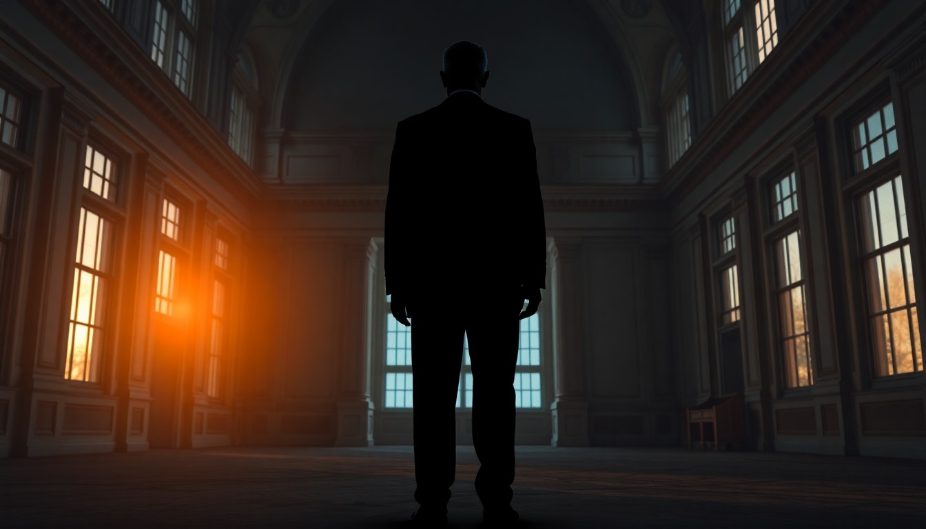 A moody, cinematic painting depicting the solitary figure of a former U.S. president standing alone in a dimly lit, abandoned government building, the warm glow of sunset filtering through the windows, creating a sense of melancholy and reflection.