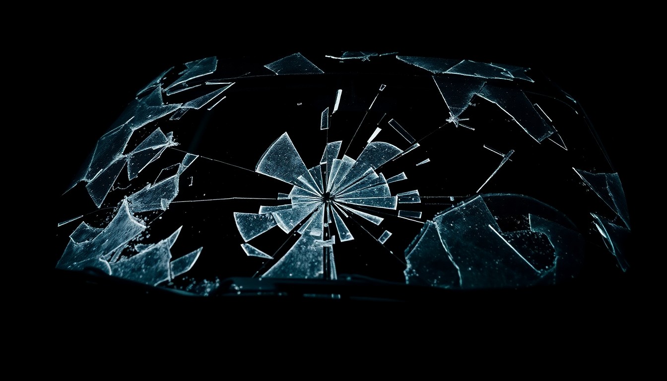 An extreme close-up photograph of a shattered car windshield or other physical evidence from the crime scene, capturing the stark, gritty details and conceptually illustrating the tragic consequences of the police chase.