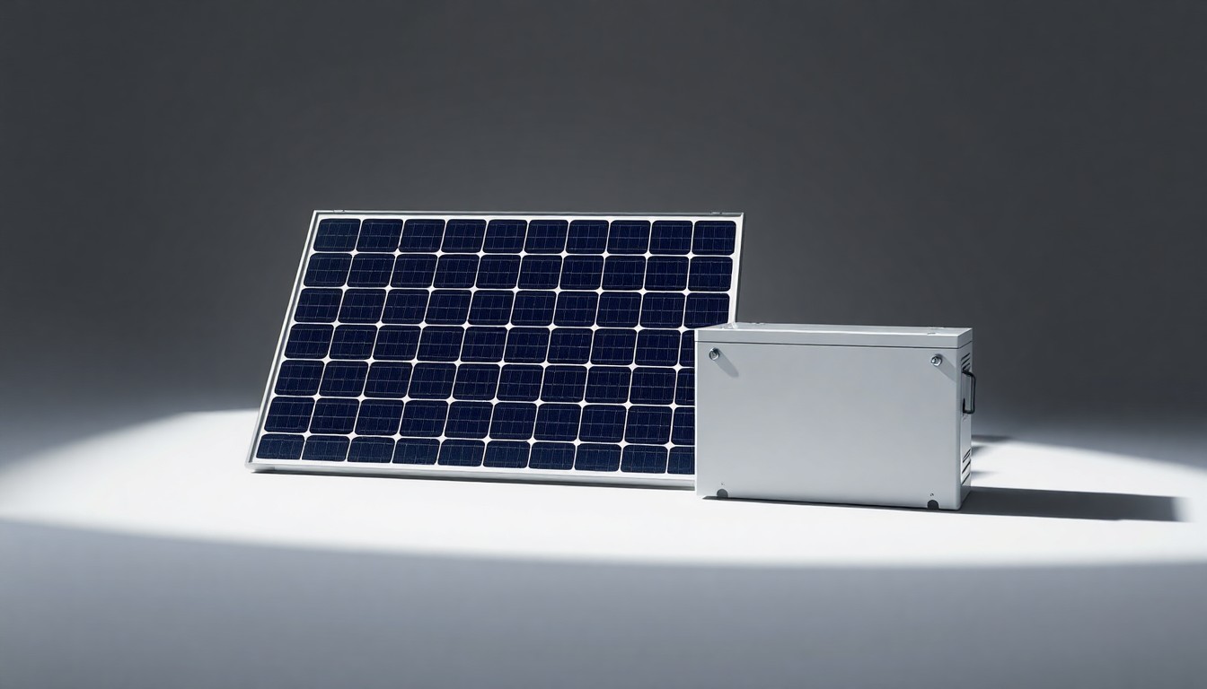 A minimalist studio still life photograph featuring a polished, geometric solar panel and battery storage unit arranged elegantly on a clean, monochromatic background, using dramatic lighting and shadows to conceptually represent the abstract corporate strategy and financial implications of the solar deal.