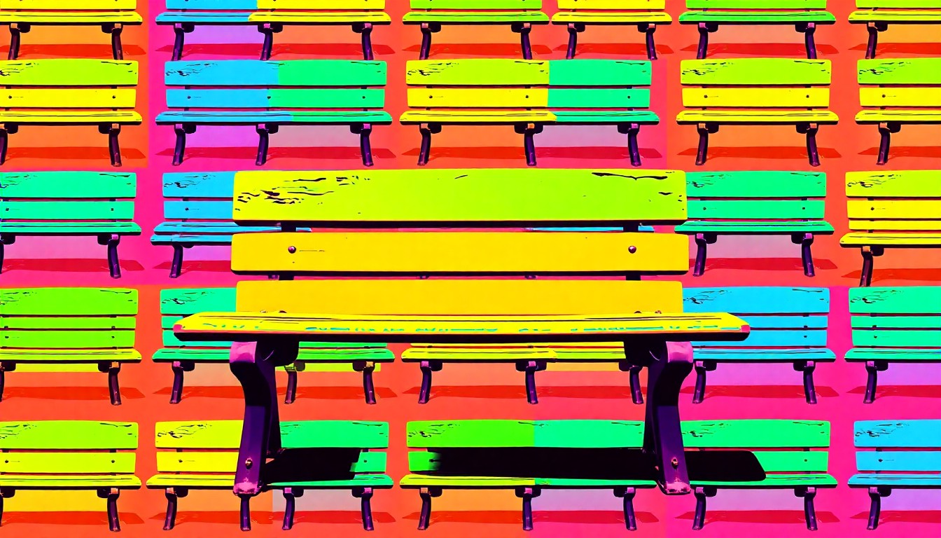 A highly stylized, abstract grid of brightly colored park benches in neon shades of green, blue, and orange, conceptually representing the expansion and revitalization of a community green space.