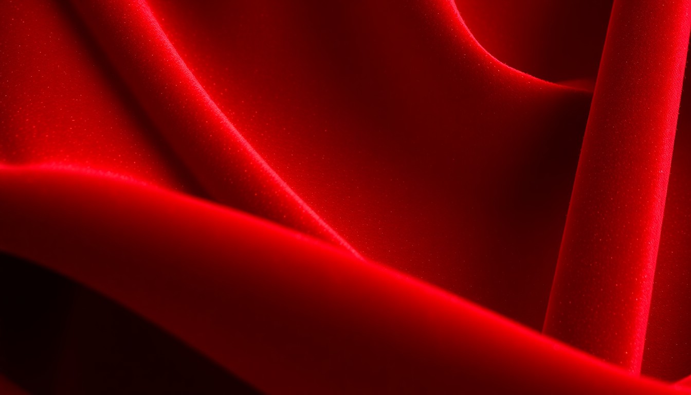 An extreme close-up photograph of rich, textured red velvet fabric, capturing the luxurious and glamorous aesthetic of K Wave Media's entertainment portfolio.