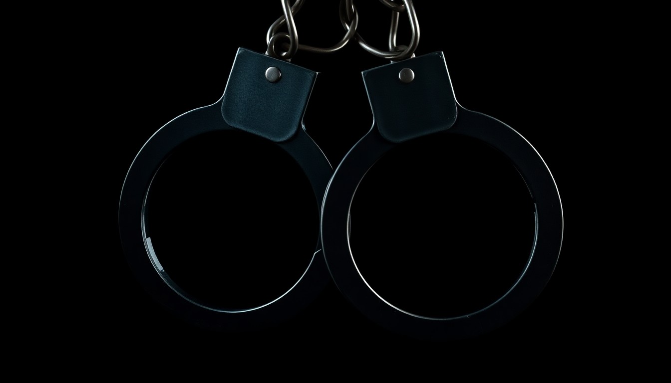 An extreme close-up of a pair of metal handcuffs against a stark black background, conceptually representing the arrest of a public figure.