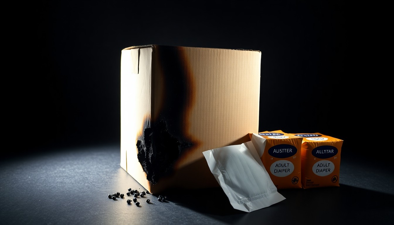 An extreme close-up photograph of partially burned cardboard and fabric materials, capturing the gritty, investigative aesthetic of the crime scene.
