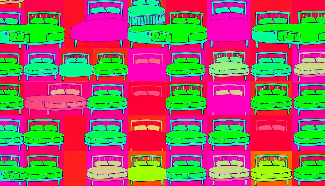 A high-contrast, silkscreen-style illustration featuring a single bed frame icon repeated in a grid pattern, rendered in bright neon colors and heavy black outlines to create a modern pop art effect.