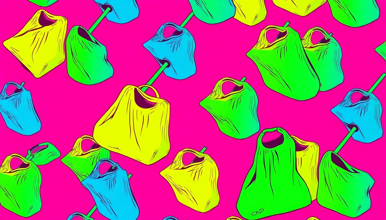 A vibrant, high-contrast silkscreen print of a trash picker-upper tool repeated in a grid, capturing the pop art energy of a community-driven cleanup effort.