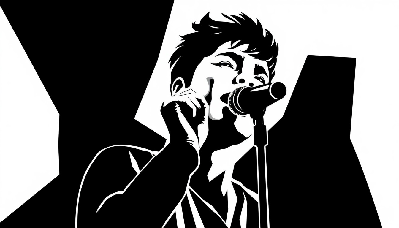 An abstract, minimalist composition using bold, jagged black silhouettes against a stark white background, conveying the energy and emotion of a young singer's performance on a national stage.
