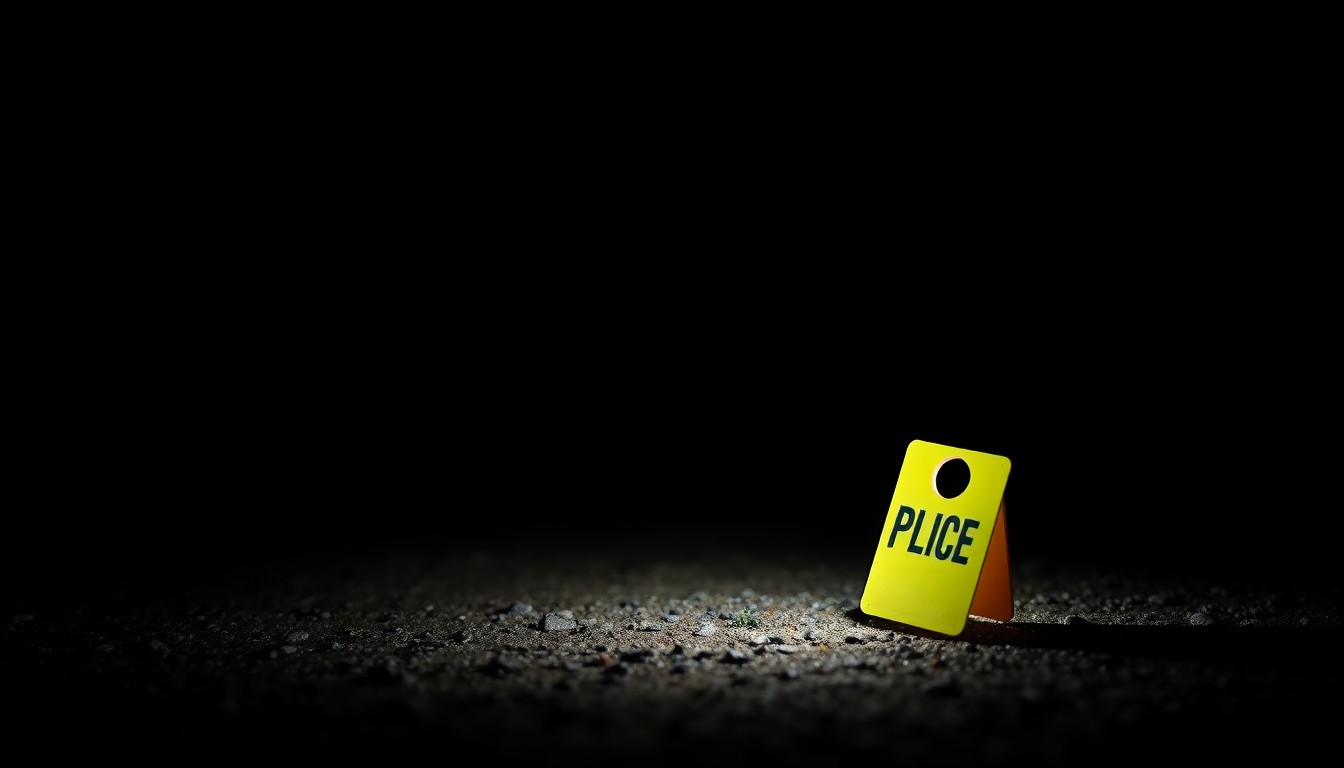 An extreme close-up photograph of a single police evidence marker placed on the shore of a lake, lit by a harsh, direct camera flash against a pitch-black background, conceptually illustrating the investigation of a tragic incident in a public park.