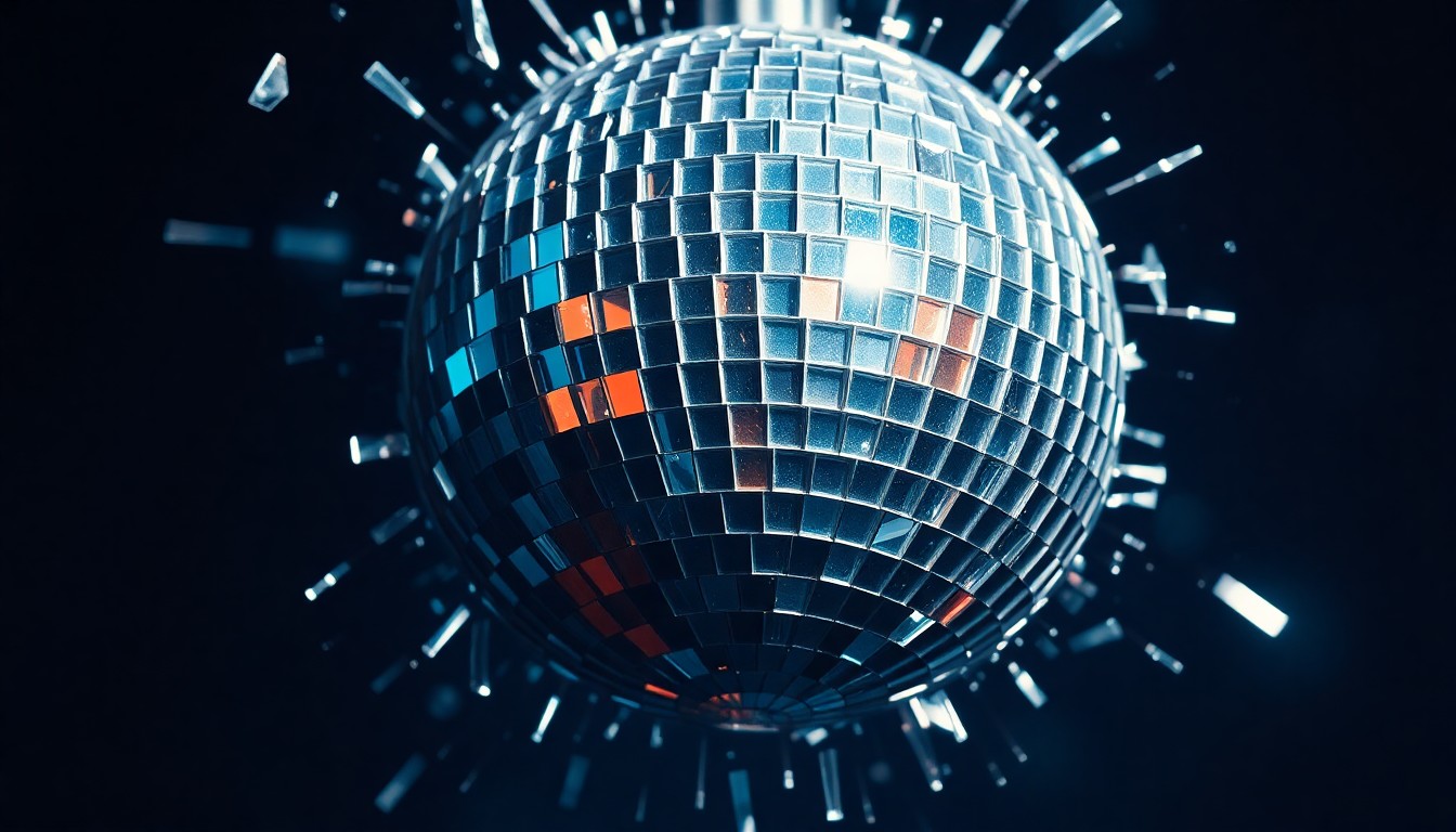 An abstract close-up photograph of a shattered disco ball reflecting shards of light, conveying the glitz and energy of the indie music scene.