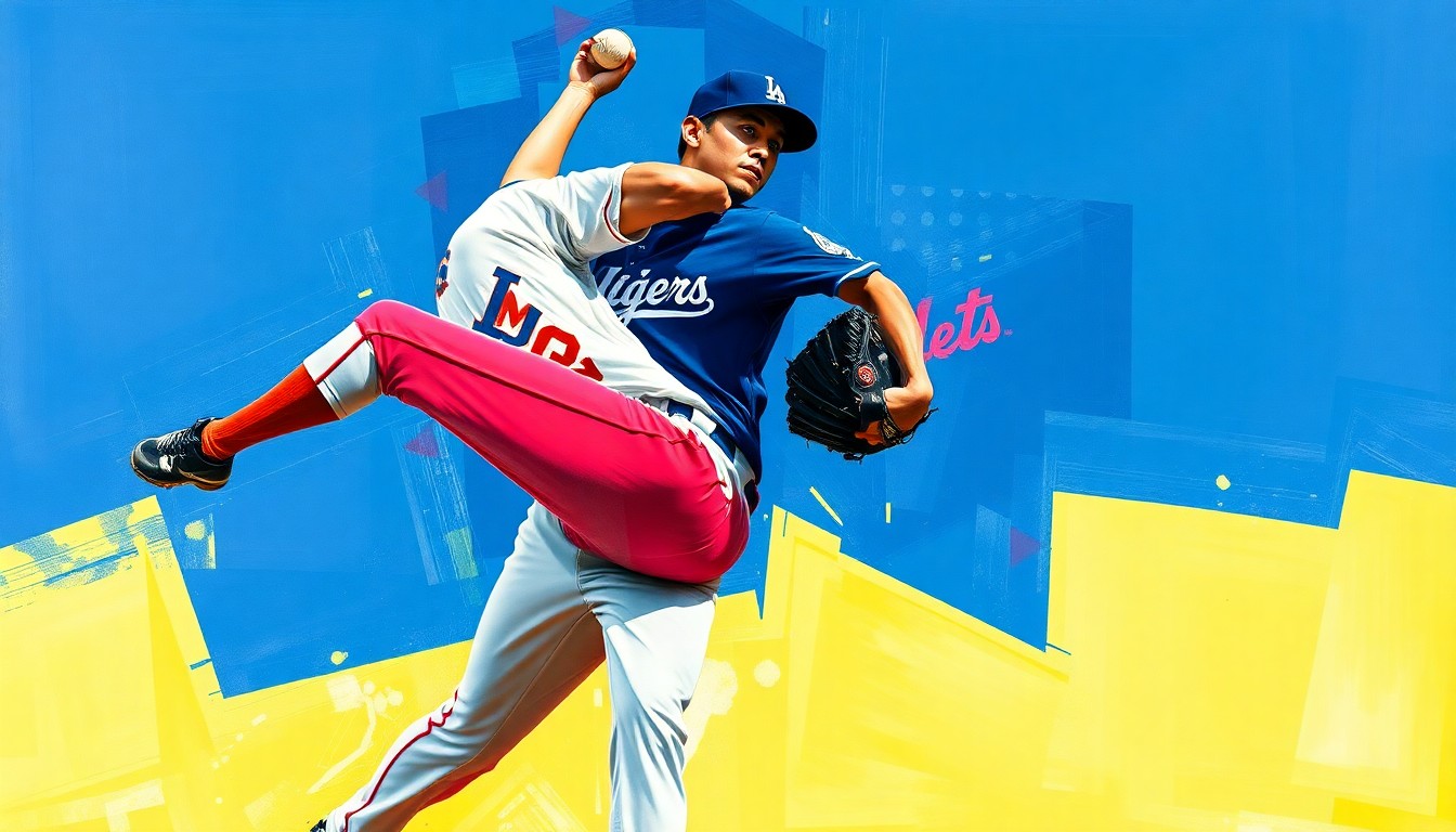 A fragmented, geometric painting depicting Shohei Ohtani's pitching motion, with sharp planes of color representing the Dodgers and Mets uniforms, conceptually illustrating the dominance of his performance.