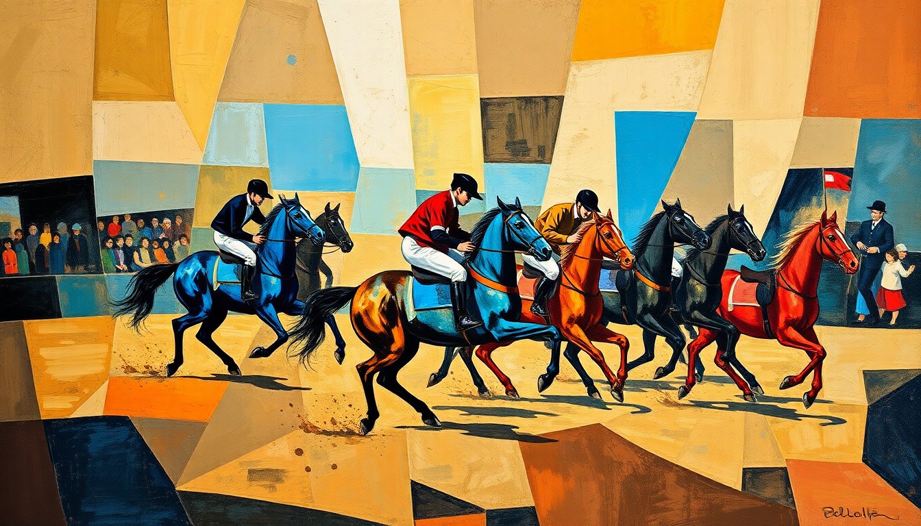 A cubist-style painting depicting a horse and rider in motion, with the figures broken down into overlapping geometric shapes and planes in a vibrant color palette of blues, browns, and reds, conveying the energy and artistry of equestrian sports.