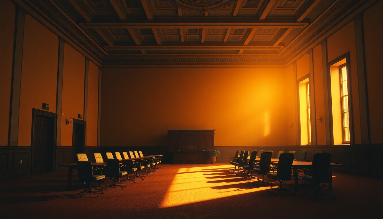 A dimly lit, empty government meeting room with a long table and chairs, the room's details obscured by deep shadows and warm, diagonal sunlight, conveying a sense of melancholy and unresolved tension.