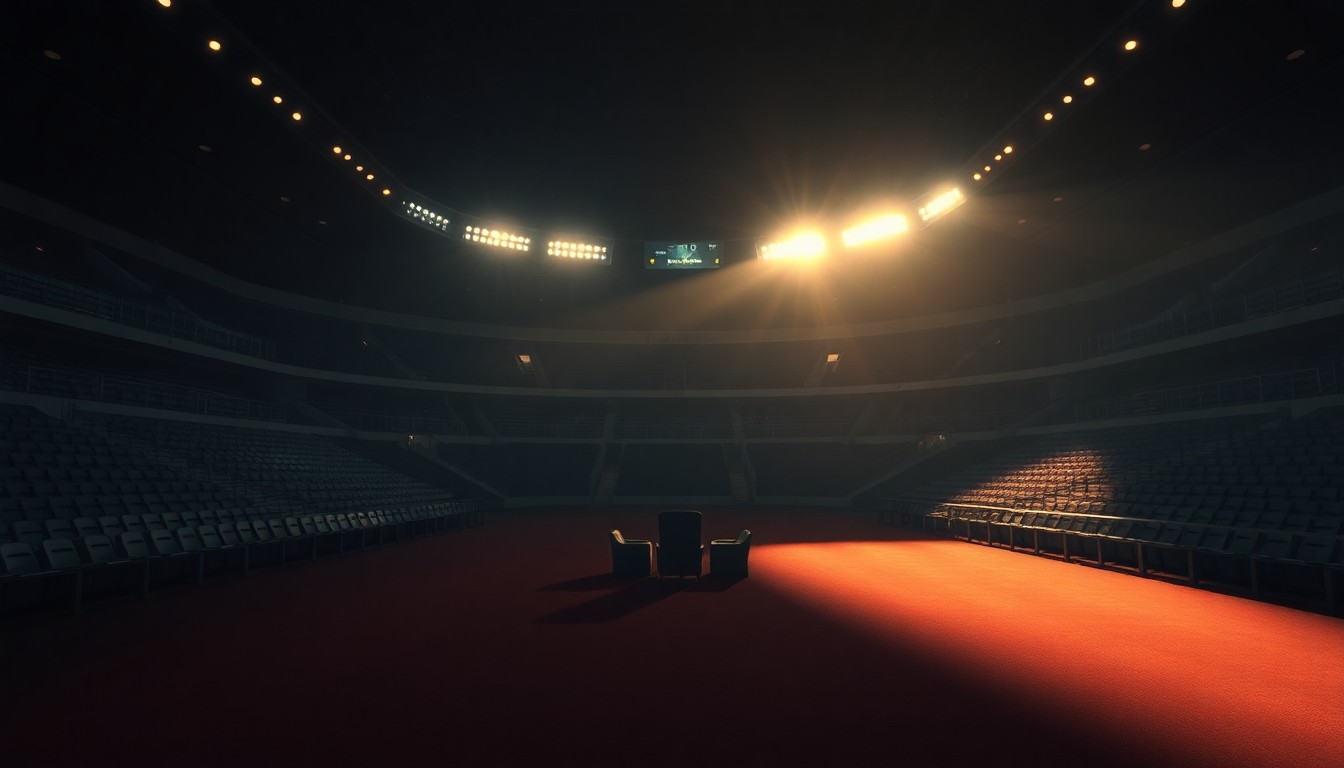 A quiet, cinematic painting of an empty luxury suite in a sports stadium, the space bathed in warm, diagonal sunlight and deep shadows, evoking a sense of political intrigue and public trust issues.