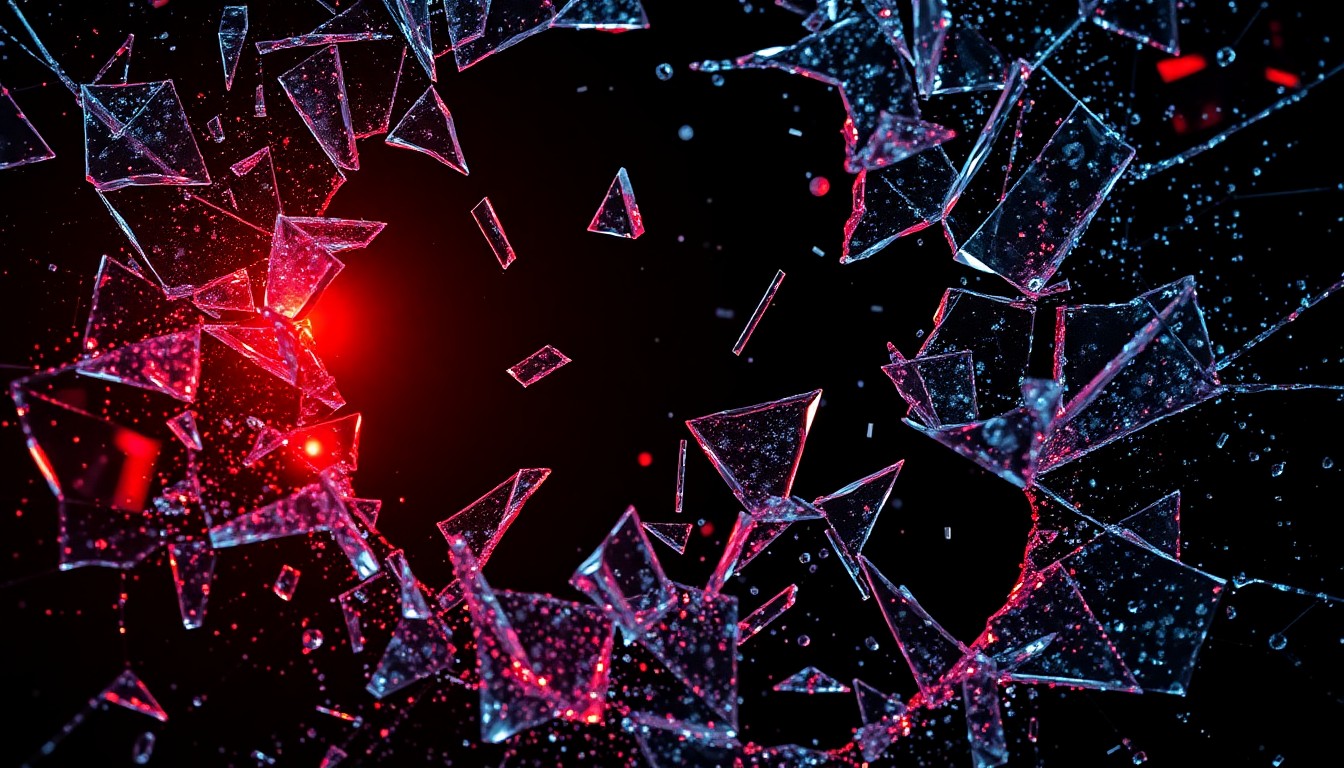 An abstract close-up image featuring shattered glass and glittering shards, reflecting a faint red light, conveying the volatile and dramatic nature of the relationships and conflicts within the show.