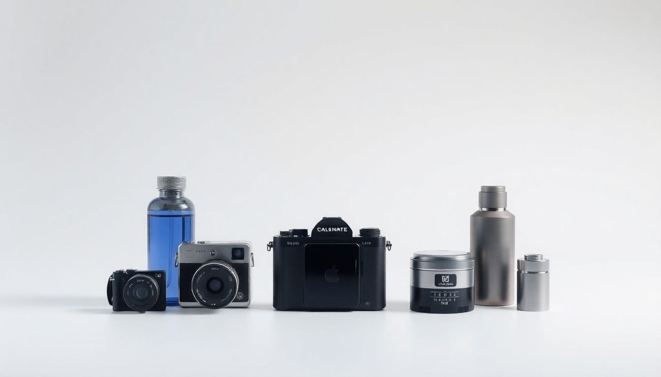 A high-end, photorealistic studio still-life photograph featuring a collection of sleek, geometric objects arranged elegantly on a clean, monochromatic background, conceptually representing the abstract ideas of brand sovereignty, digital aesthetics, and global media distribution.