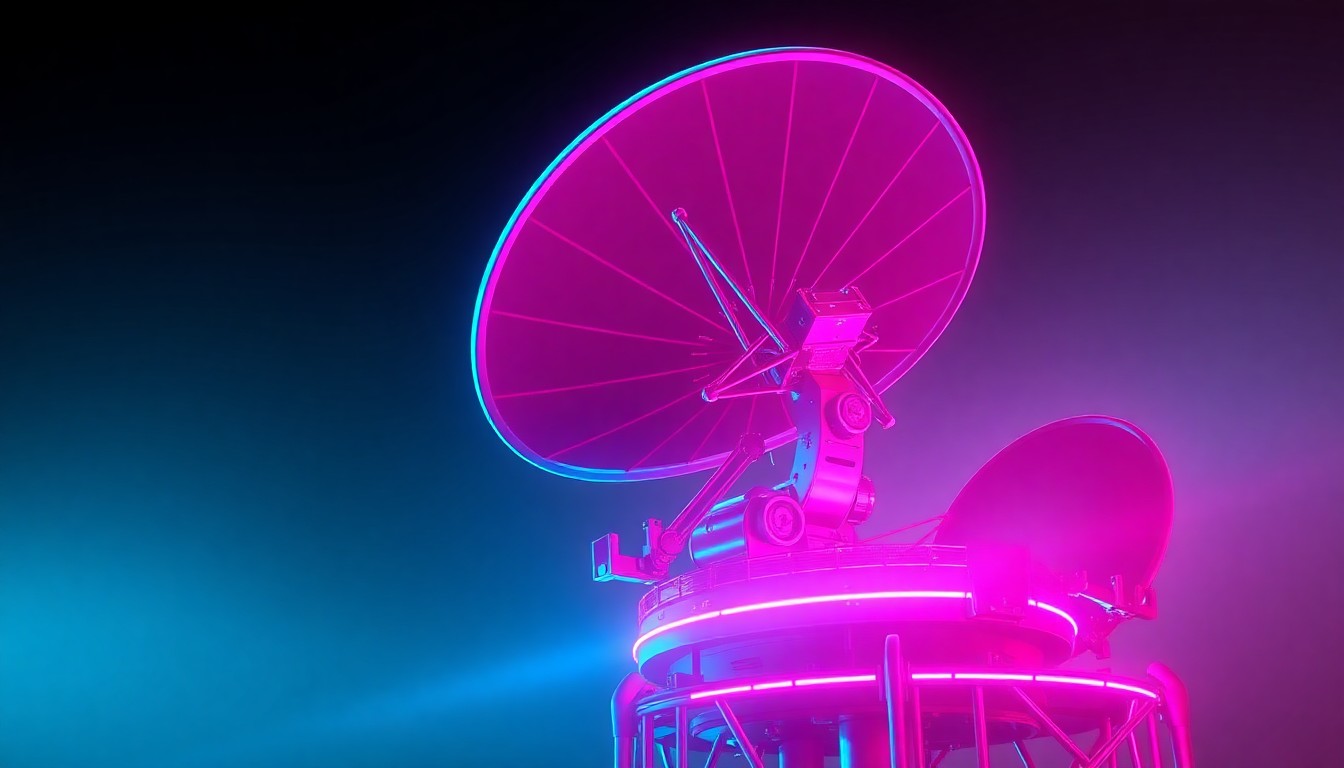 A highly detailed 3D illustration of a glowing, neon-lit satellite dish and antenna array, representing the physical infrastructure of the Starlink satellite network. The hardware is illuminated by pulsing cyan and magenta lights, conveying the idea of a complex, interconnected digital communications system.