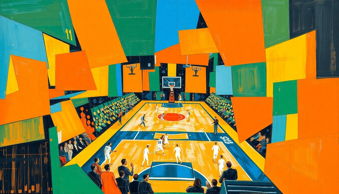 A cubist, geometric painting depicting a basketball game or match, with sharp, overlapping planes of color representing the dynamic action on the court.