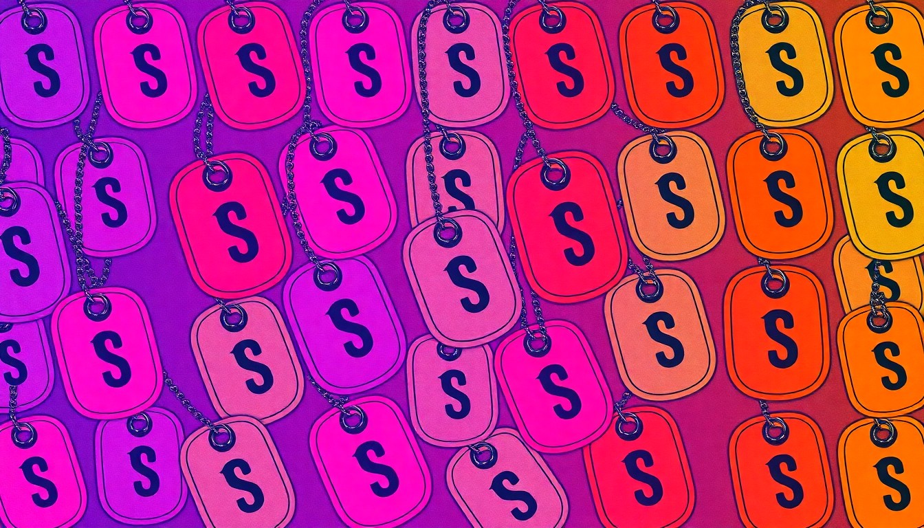 A grid of highly stylized military dog tags rendered in a vibrant neon color palette with heavy black outlines, conceptually representing the service and sacrifice of veterans.