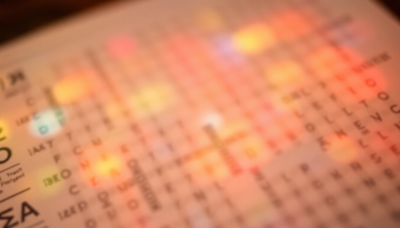 An extremely abstracted, out-of-focus photograph of a newspaper page with a crossword puzzle, composed entirely of soft, warm pools of color and light, creating a blurred, dreamlike scene that captures the essence of solving a challenging crossword clue.