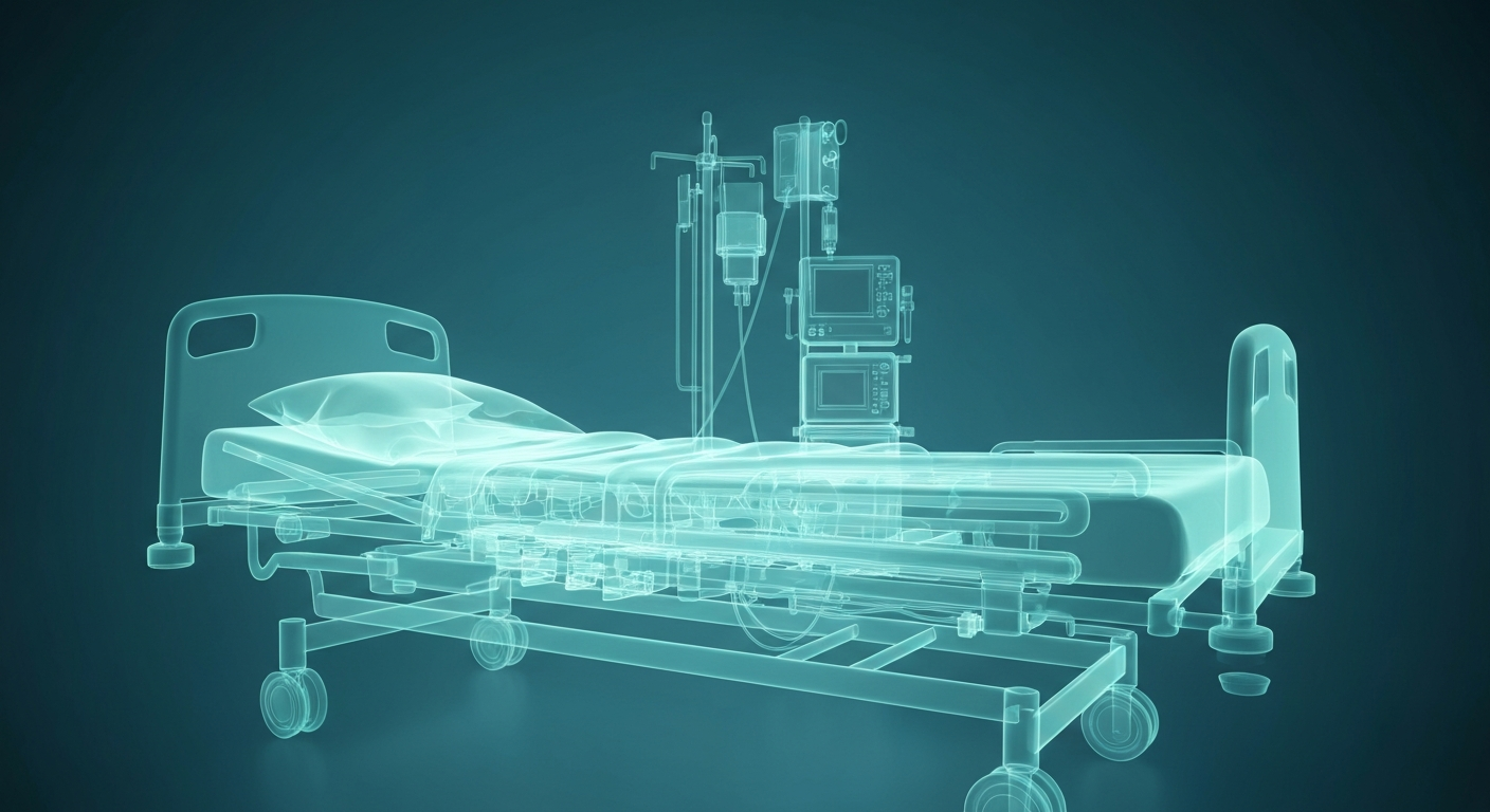 A translucent, ghostly X-ray image of a hospital bed frame and medical equipment, with the internal structures revealed in delicate, glowing lines, conveying the fragility and importance of healthcare infrastructure.