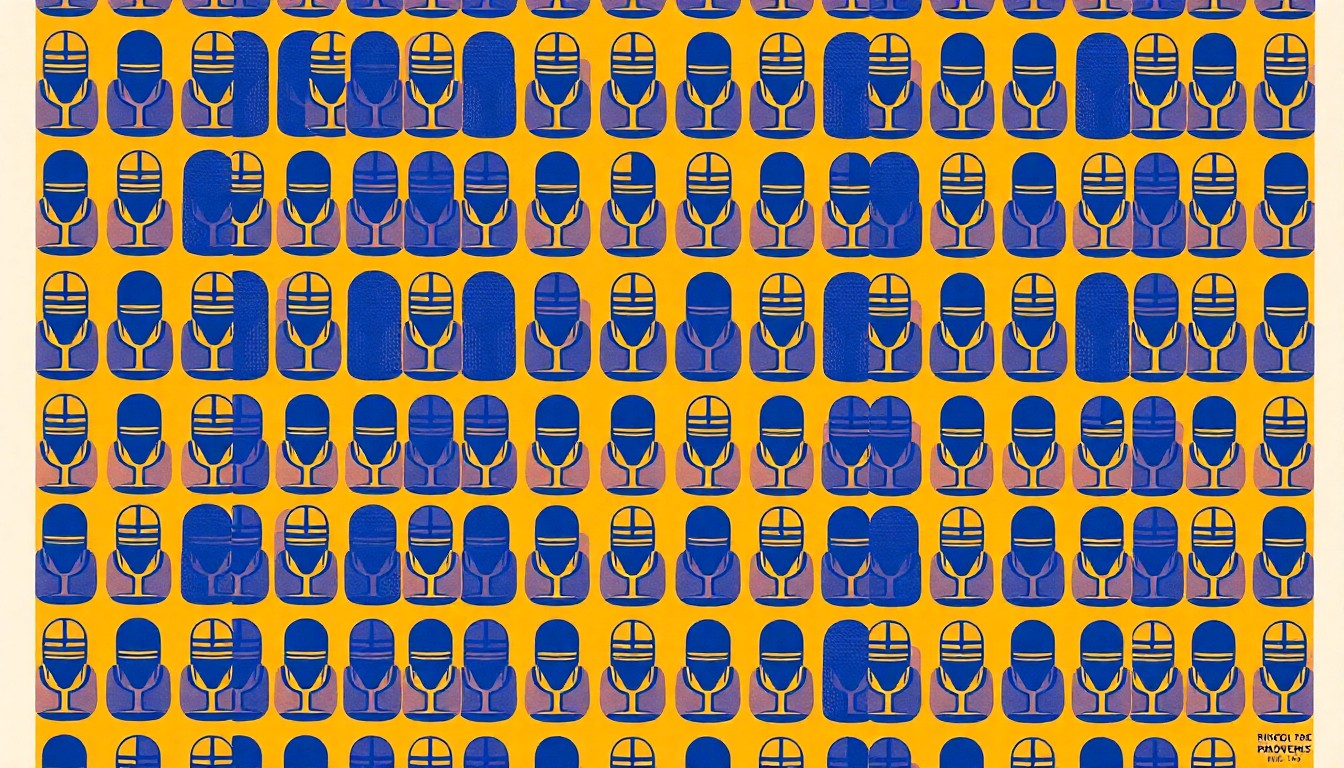 A vibrant, abstract silkscreen print featuring a repeated microphone icon in a grid, conceptually representing the diverse speakers and perspectives featured in the Ringling College Town Hall event.