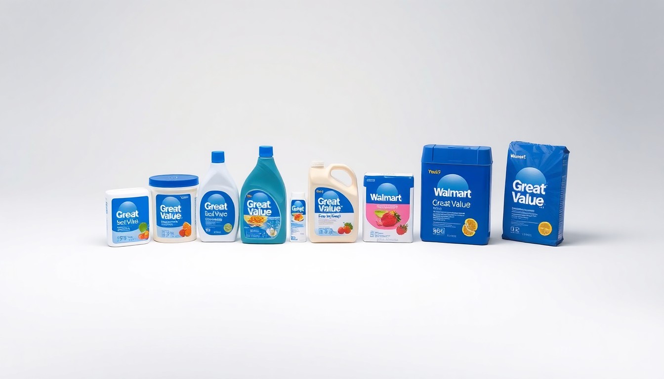 A minimalist, high-end studio still life photograph featuring a selection of Walmart Great Value products arranged elegantly on a clean, monochromatic background, using dramatic lighting and shadows to conceptually represent the brand's efforts to improve transparency.