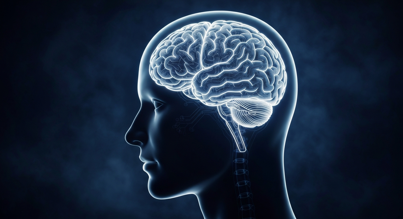 A glowing neon outline of a human head with a brain-like structure inside, conceptually representing the intersection of technology and healthcare.