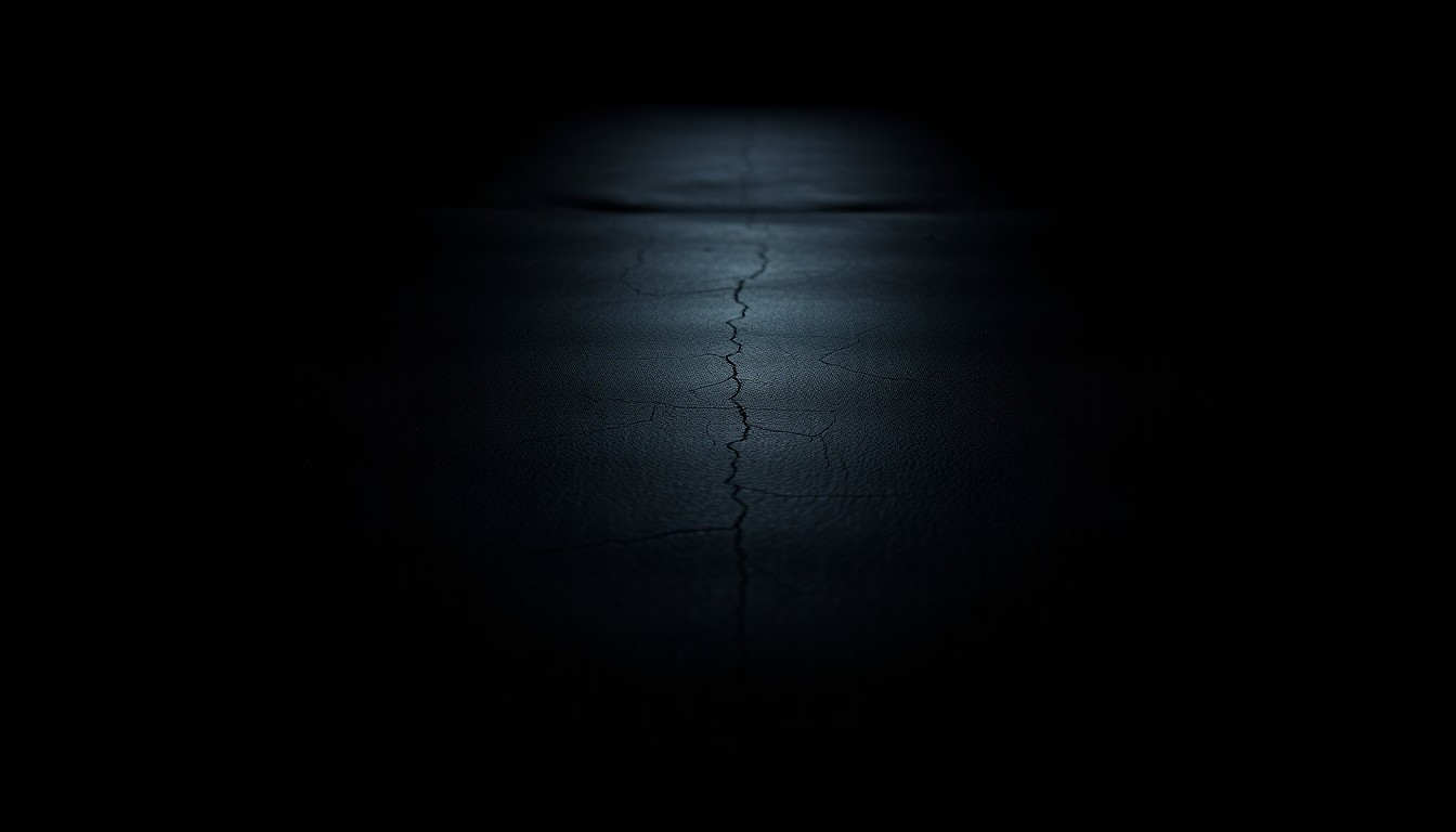 An extreme close-up of a heavily textured, cracked leather massage table surface, reflecting a harsh, direct flash of light, conceptually representing the complexities of consent and misconduct allegations in the personal service industry.