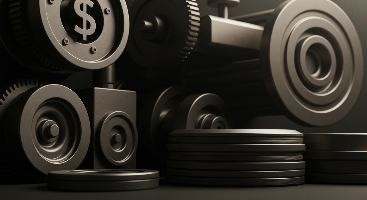 An extreme close-up of gears, pipes, and other heavy industrial equipment, conveying the tangible, physical nature of the financial systems that enable large-scale renewable energy projects.