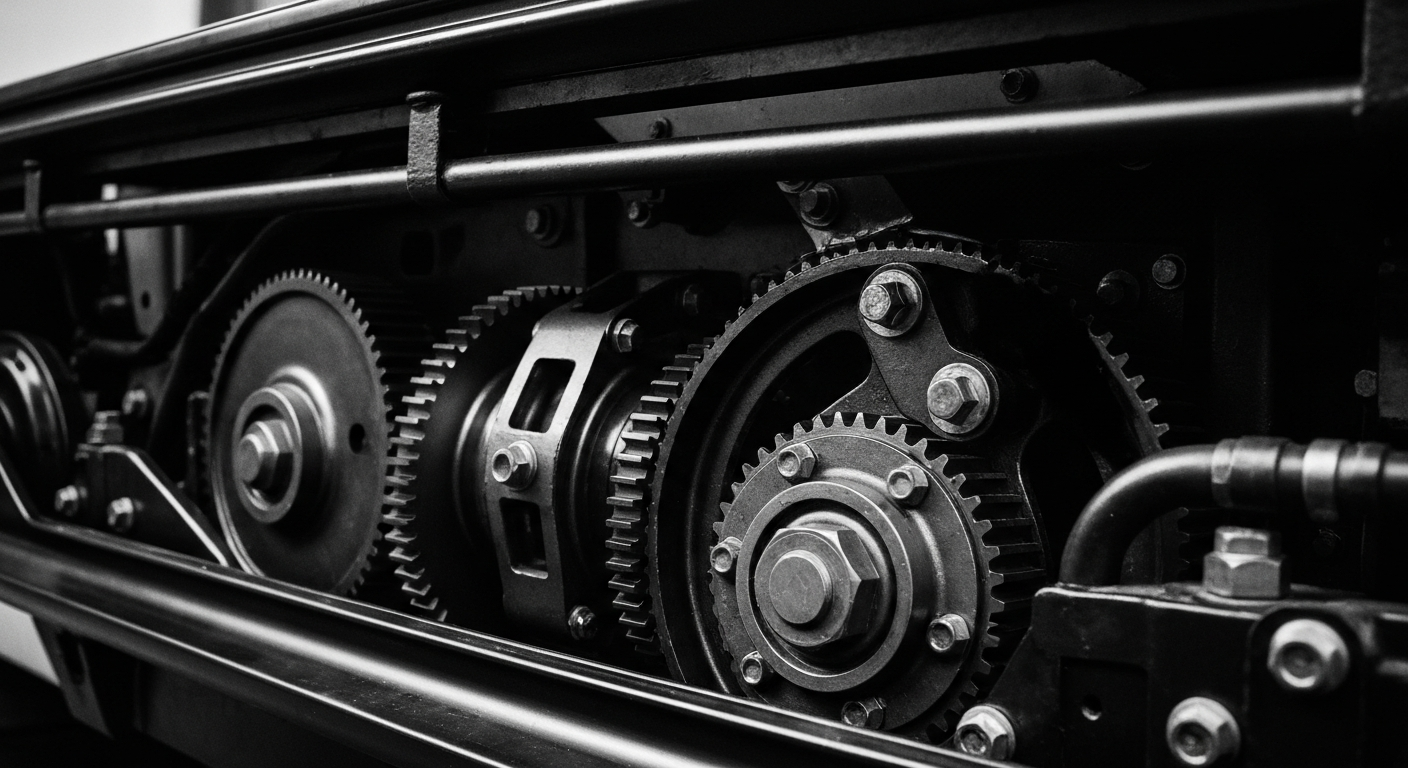 A high-contrast black and white close-up image of the internal mechanical components of an Uber rideshare vehicle, conveying the complex logistics and infrastructure behind the ride-hailing platform.