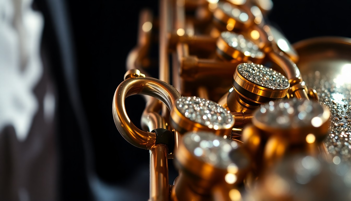 An abstract close-up photograph of the shimmering, textured surface of a saxophone, capturing the intricate details and high-contrast lighting that evoke the glamour and artistry of a live jazz performance.