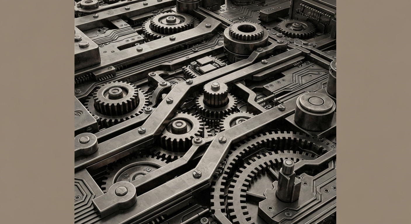 A highly detailed, industrial close-up image of the mechanical components and circuits that make up the financial infrastructure of the mortgage-backed securities market, conveying a sense of the complex systems underlying this sector.