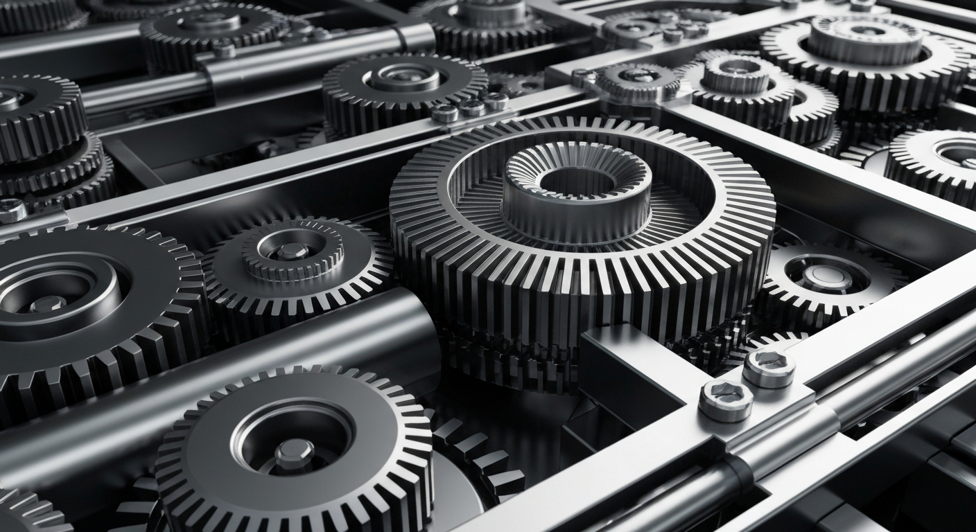 An extreme close-up of highly detailed, interlocking metal gears and machinery in shades of silver, steel, and black, conveying the complex financial infrastructure that underpins the semiconductor industry.