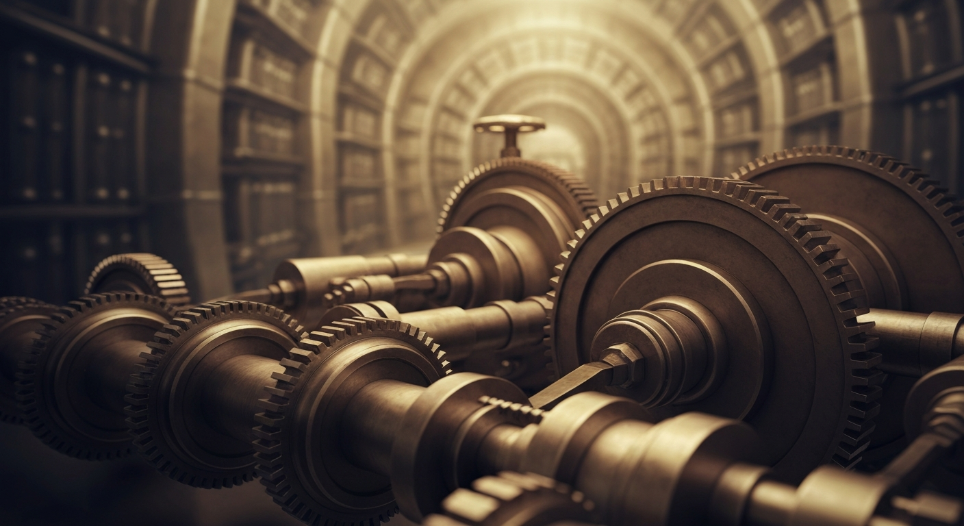 An extreme close-up of gears, levers, and other heavy machinery that powers the financial industry, conveying the tangible, industrial nature of banking and investments.