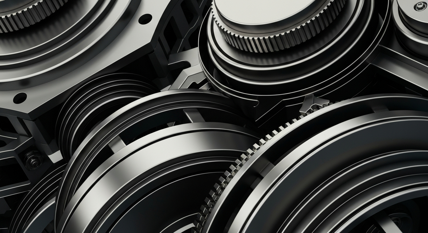 A highly detailed, black-and-white close-up image of the inner workings of an industrial machine, with a focus on the precision and strength of the metal components, conveying a sense of the institutional forces driving corporate finance.