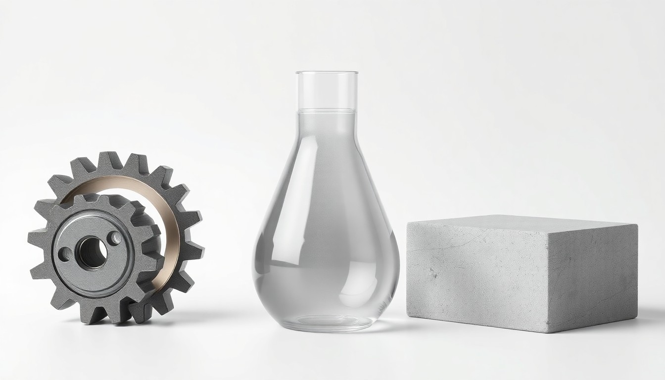 A minimalist studio still life featuring polished metal, glass, and concrete objects arranged elegantly on a clean white background, representing the precision, innovation, and industrial power of KBR's construction and energy services.