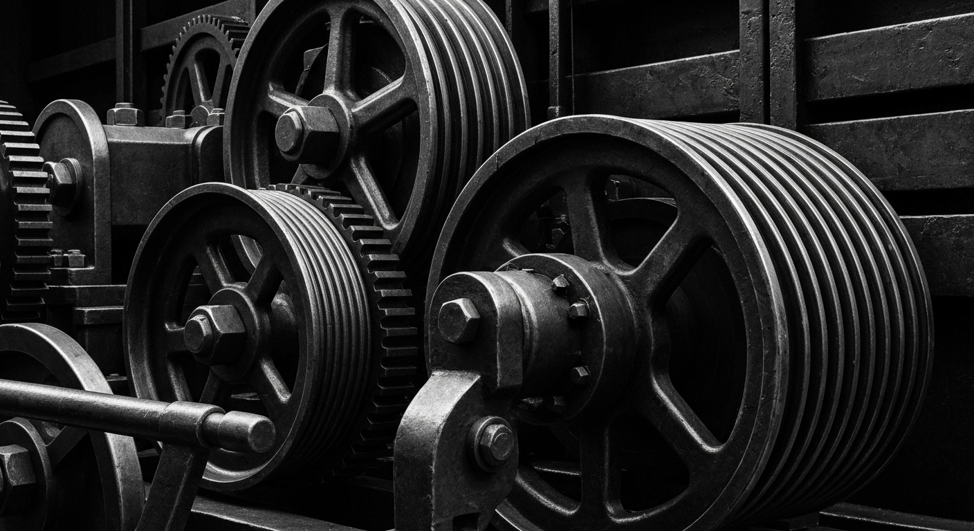 An extreme close-up of shiny, textured metal gears and pulleys, representing the heavy machinery and infrastructure that enables the precious metals industry.