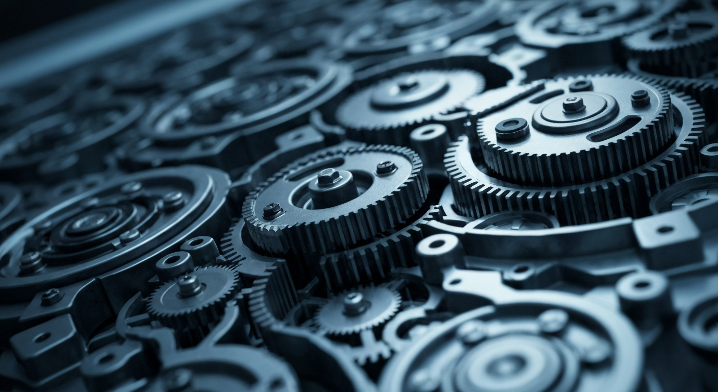 A highly detailed, macro-level view of the internal components and mechanisms of a financial trading terminal, rendered in a cool, industrial color palette that evokes the complex, institutional nature of the investment management industry.