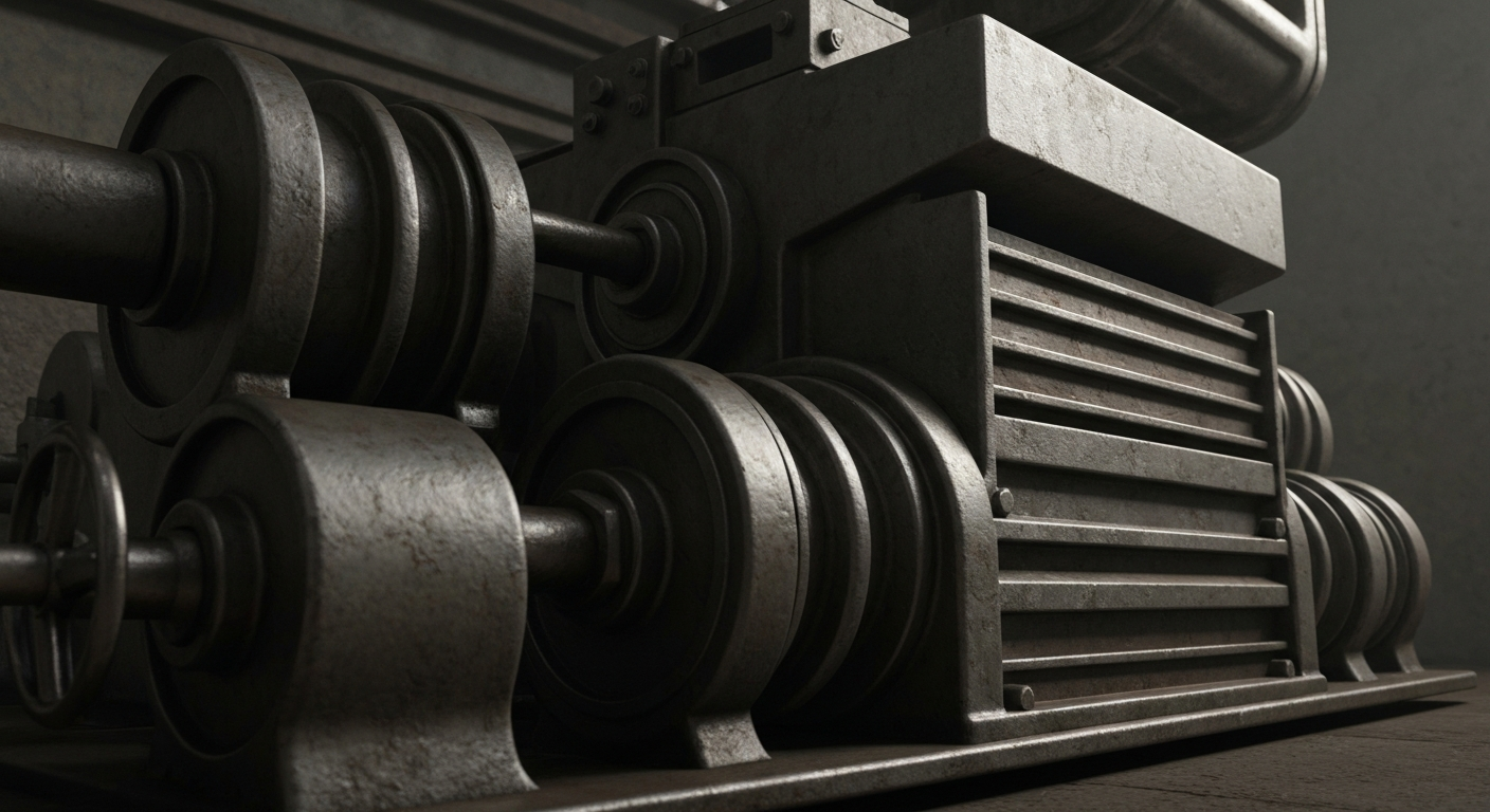 An extreme close-up of industrial gears, pipes, and machinery in shades of steel gray, copper, and black, conceptually representing the heavy, physical infrastructure of the banking and finance industry.
