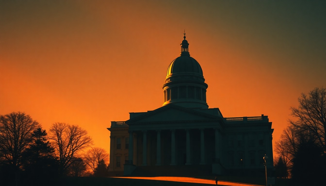 A serene, painterly depiction of the Massachusetts State House dome, its iconic architecture rendered in warm, muted tones and dramatic shadows, conveying a sense of political transition and change.