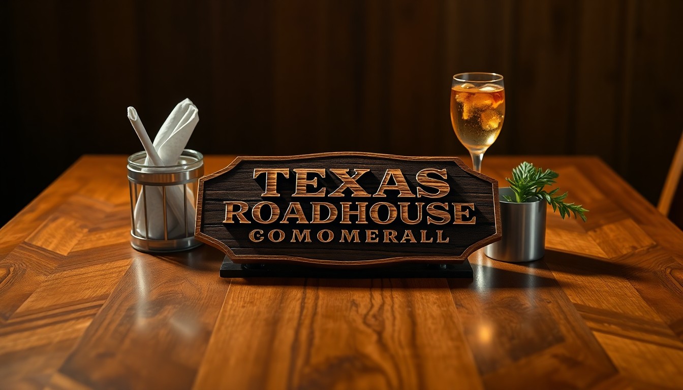 A high-end, photorealistic studio still-life photograph featuring a polished, geometric wooden table with a rustic, carved Texas Roadhouse logo as the central focus, surrounded by a few simple, premium objects like a metal napkin holder, a glass of iced tea, and a sprig of greenery, all bathed in warm, dramatic studio lighting that casts deep shadows, conceptually representing the premium quality and craftsmanship of the Texas Roadhouse brand.